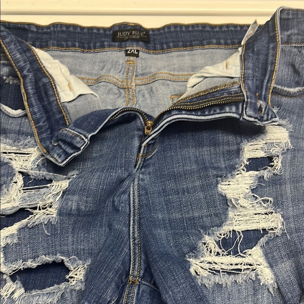 Judy Blue Button Zip Criss Cross Distressed Denim High Waist Women's Shorts 2XL - Picture 14 of 15